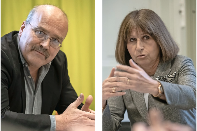 Deux parlementaires face à face: Philippe Bauer, PLR neuchâtelois, et Christine Bulliard-Marbach, Le Centre fribourgeoise. © Alain Wicht
